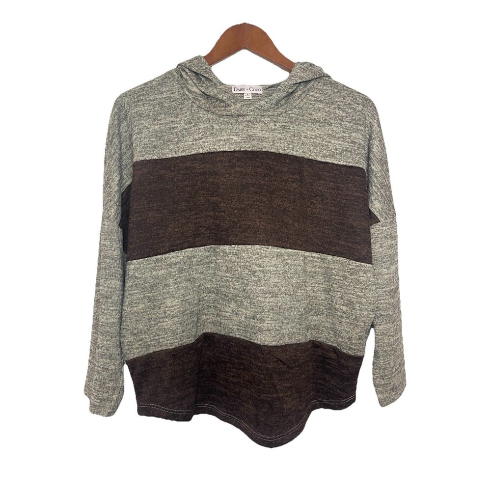Striped Hooded 3/4 Sleeve Shirt Sand Mocha Womens Medium NWT
